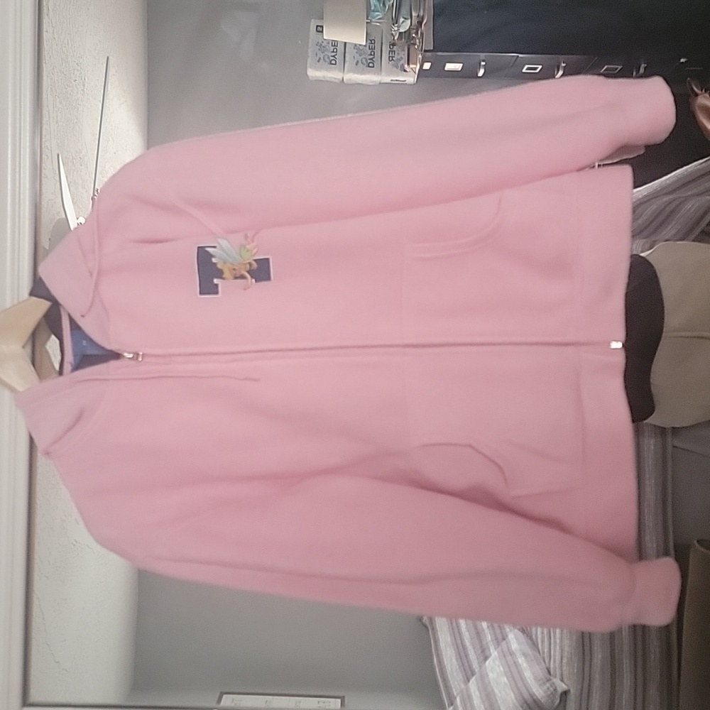 Disney Tinker Bell Women's Pink Fleece Full Zip Hoodie Size medium y2k